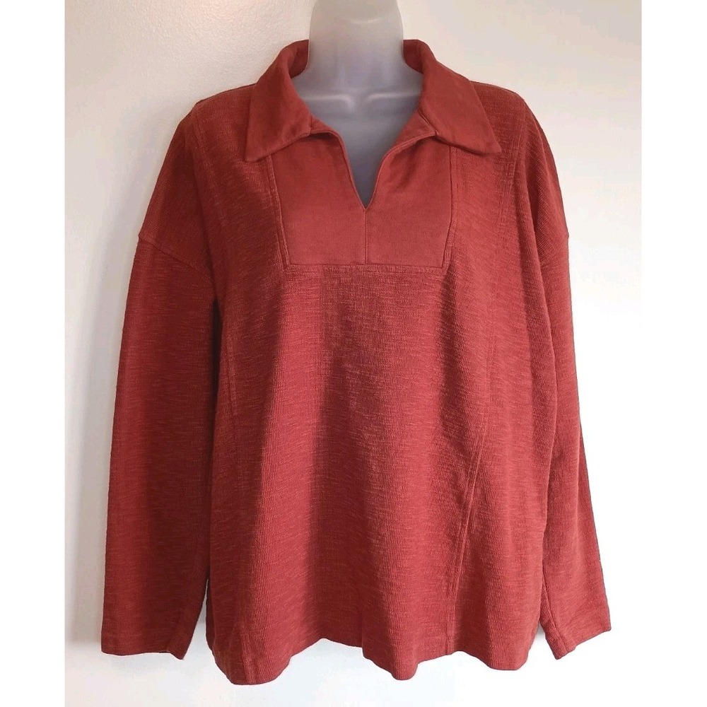 J.Jill Pure Jill Large Rust Organic Cotton Collared Pullover Top Relaxed Fit